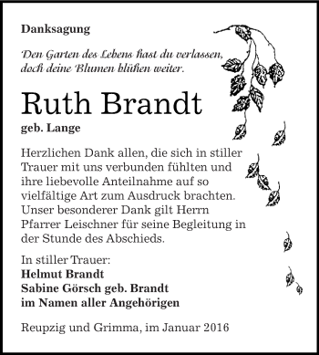 Traueranzeige von Ruth Brandt von WVG - Wochenspiegel Dessau / Köthen