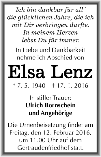 Traueranzeige von Elsa Lenz von Mitteldeutsche Zeitung Halle/Saalkreis