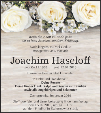 Traueranzeige von Joachim Haseloff von WVG - Wochenspiegel Wittenberg