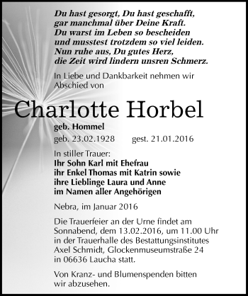 Traueranzeige von Charlotte Horbel von Mitteldeutsche Zeitung Naumburg/Nebra