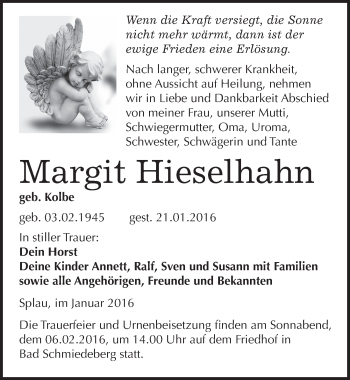 Traueranzeige von Margit Hieselhahn von Mitteldeutsche Zeitung Wittenberg