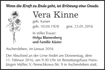 Traueranzeige von Vera Kinne von Super Sonntag Aschersleben