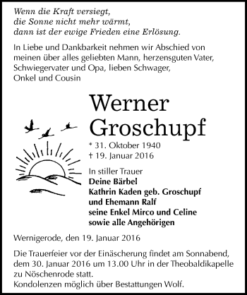 Traueranzeige von Werner Groschupf von Mitteldeutsche Zeitung Naumburg/Nebra