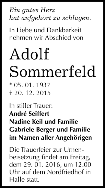 Traueranzeige von Adolf Sommerfeld von Mitteldeutsche Zeitung Halle/Saalkreis