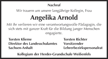 Traueranzeige von Angelika Arnold von WVG - Wochenspiegel NMB / WSF / ZTZ