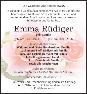 Traueranzeige von Emma Rüdiger von Mitteldeutsche Zeitung Sangerhausen