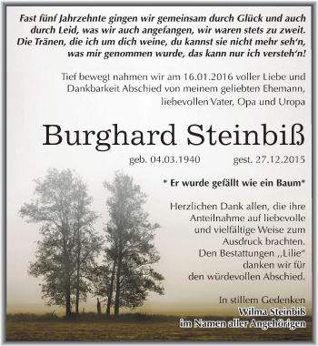 Traueranzeige von Burghard Steinbiß von Mitteldeutsche Zeitung Dessau-Roßlau