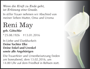 Traueranzeige von Reni May von WVG - Wochenspiegel Wittenberg