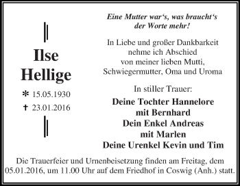 Traueranzeige von Ilse Hellige von WVG - Wochenspiegel Dessau / Köthen