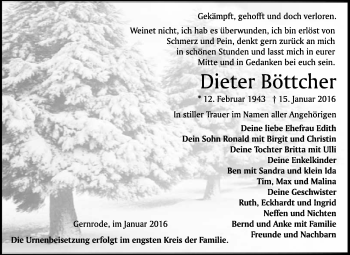 Traueranzeige von Dieter Böttcher von WVG - Wochenspiegel Quedlinburg