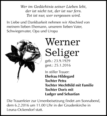 Traueranzeige von Werner Seliger von Mitteldeutsche Zeitung Merseburg/Querfurt