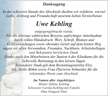 Traueranzeige von Uwe Kehling von WVG - Wochenspiegel Dessau / Köthen