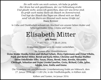 Traueranzeige von Elisabeth Mitter von Mitteldeutsche Zeitung Köthen