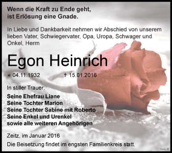 Traueranzeige von Egon Heinrich von Super Sonntag Zeitz