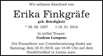 Traueranzeige von Erika Finkgräfe von Mitteldeutsche Zeitung Merseburg/Querfurt