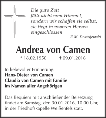 Traueranzeige von Andrea von Camen von WVG - Wochenspiegel NMB / WSF / ZTZ