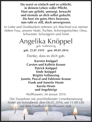 Traueranzeige von Angelika Knöppel von WVG - Wochenspiegel SGH