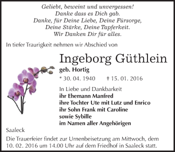 Traueranzeige von Ingeborg Güthlein von Mitteldeutsche Zeitung Naumburg/Nebra