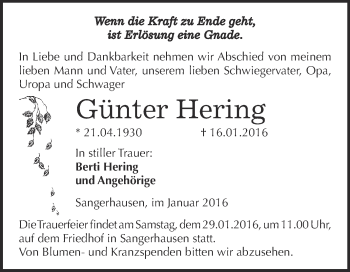 Traueranzeige von Günter Hering von Super Sonntag SGH Mansf. Land