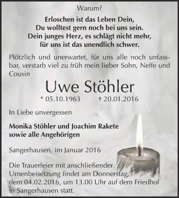 Traueranzeige von Uwe Stöhler von Super Sonntag SGH Mansf. Land