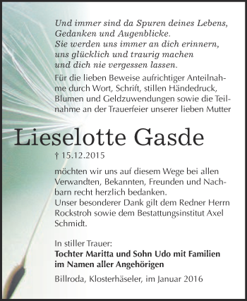 Traueranzeige von Lieselotte Gasde von WVG - Wochenspiegel NMB / WSF / ZTZ