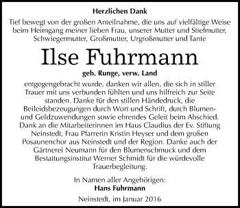 Traueranzeige von Ilse Fuhrmann von Mitteldeutsche Zeitung Quedlinburg
