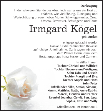 Traueranzeige von Irmgard Kögel von Mitteldeutsche Zeitung Sangerhausen