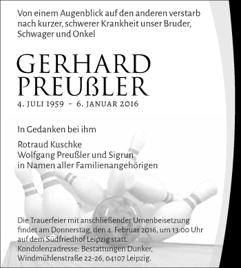 Traueranzeige von Gerhard Preußler von WVG - Wochenspiegel NMB / WSF / ZTZ