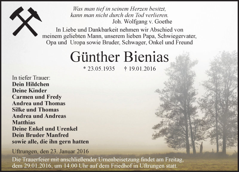  Traueranzeige für Günther Bienias vom 23.01.2016 aus Mitteldeutsche Zeitung Sangerhausen