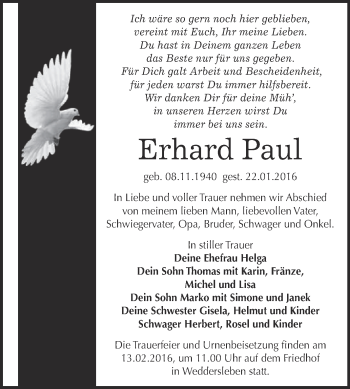 Traueranzeige von Erhard Paul von Super Sonntag Quedlinburg