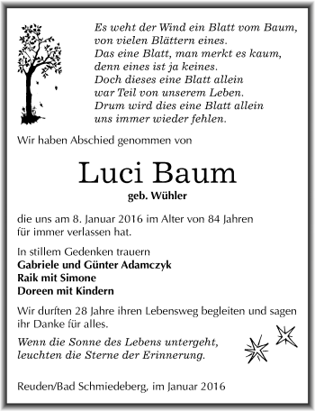 Traueranzeige von Luci Baum von Mitteldeutsche Zeitung Wittenberg