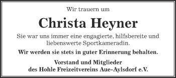 Traueranzeige von Christa Heyner von Super Sonntag Zeitz