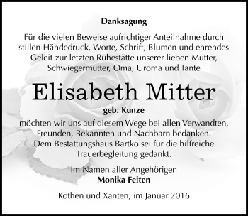 Traueranzeige von Elisabeth Mitter von Mitteldeutsche Zeitung Köthen