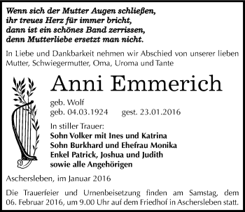 Traueranzeige von Anni Emmerich von Mitteldeutsche Zeitung Aschersleben