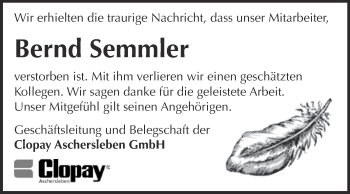 Traueranzeige von Bernd Semmler von Super Sonntag Aschersleben