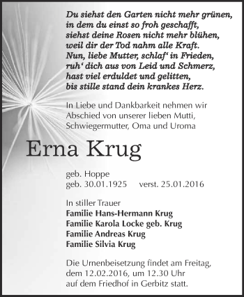 Traueranzeige von Erna Krug von Super Sonntag Bernburg
