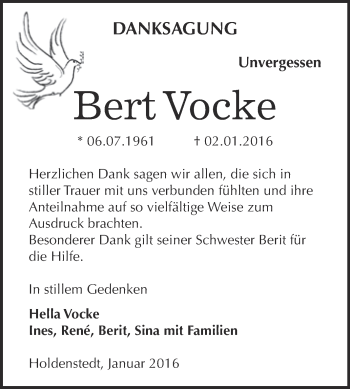 Traueranzeige von Bert Vocke von Super Sonntag SGH Mansf. Land