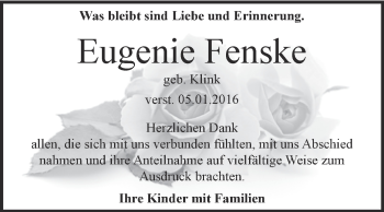 Traueranzeige von Eugenie Fenske von WVG - Wochenspiegel NMB / WSF / ZTZ