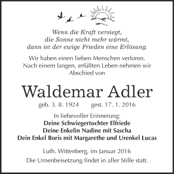 Traueranzeige von Waldemar Adler von Super Sonntag Wittenberg