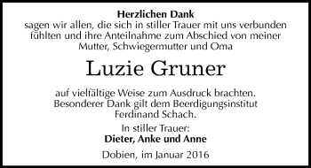 Traueranzeige von Luzie Gruner von Mitteldeutsche Zeitung Wittenberg