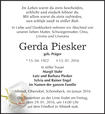 Traueranzeige von Gerda Piesker von Mitteldeutsche Zeitung Sangerhausen