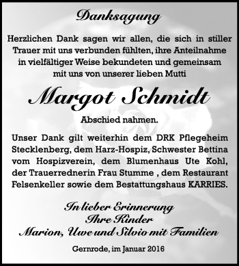 Traueranzeige von Margot Schmidt von WVG - Wochenspiegel Quedlinburg