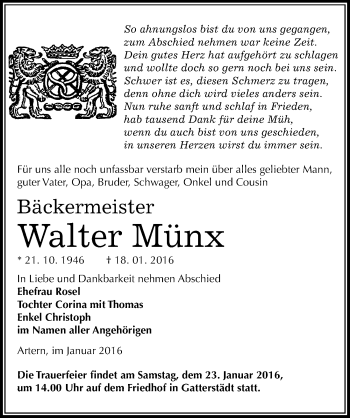 Traueranzeige von Walter Münx von Mitteldeutsche Zeitung Merseburg/Querfurt