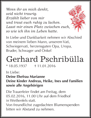 Traueranzeige von Gerhard Pschribülla von Mitteldeutsche Zeitung Weißenfels