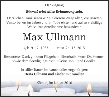 Traueranzeige von Max Ullmann von WVG - Wochenspiegel Dessau / Köthen