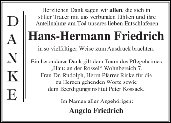 Traueranzeige von Hans-Hermann Friedrich von WVG - Wochenspiegel Dessau / Köthen