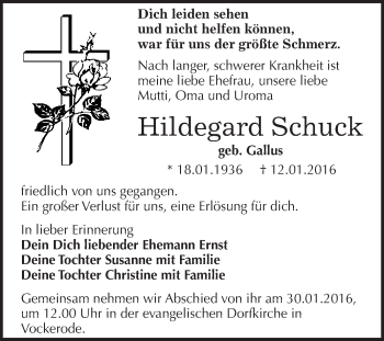 Traueranzeige von Hildegard Schuck von WVG - Wochenspiegel Wittenberg