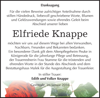 Traueranzeige von Elfriede Knappe von Mitteldeutsche Zeitung Quedlinburg