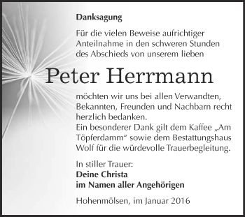 Traueranzeige von Peter Herrmann von WVG - Wochenspiegel NMB / WSF / ZTZ