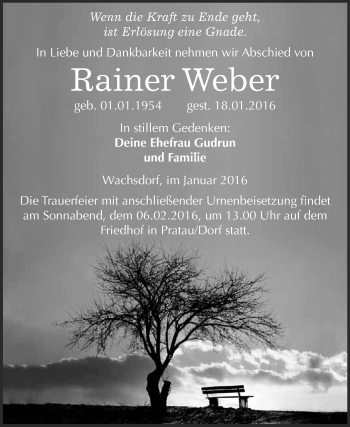Traueranzeige von Rainer Weber von WVG - Wochenspiegel Wittenberg